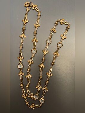 ST JOHN Vintage 90s Gold Fleur De Lis Crystal Runway Chain Necklace Belt 39”